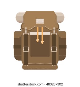 Retro hiking backpack in flat design. Tourist rucksack with sleeping bag. Camping backpack vector illustration. Hiking bag icon. Retro backpack illustration.