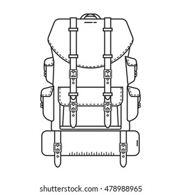 Retro hiking backpack in thin line design. Tourist rucksack with sleeping bag. Camping backpack outline vector illustration. Hiking bag icon.