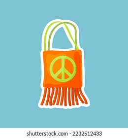 Retro hippie badge with bag vector illustration. Sticker or patch with bag on blue background. Hippie, peace, music, love, accessories concept