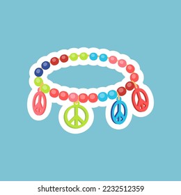 Retro hippie badge with bracelet vector illustration. Sticker or patch with bracelet on blue background. Hippie, peace, music, love, accessories concept