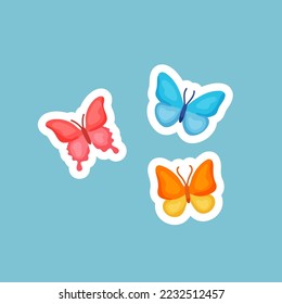 Retro hippie badge with butterflies vector illustration. Sticker or patch with butterflies on blue background. Hippie, peace, music, love, accessories concept
