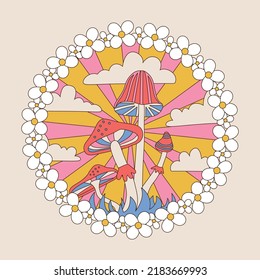 Retro hippie badge with cute groovy daisy flowers, sunbeam and mushrooms isolated on a pastel background. Trendy hand drawn vector graphic illustration in style 70s, 80s.