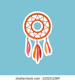 Retro hippie badge with dreamcatcher vector illustration. Sticker or patch with dreamcatcher on blue background. Hippie, peace, music, love, accessories concept