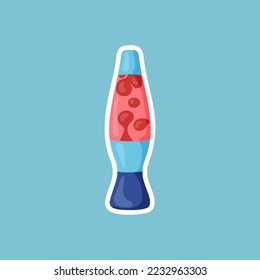 Retro hippie badge with lava lamp vector illustration. Sticker or patch with lava lamp on blue background. Hippie, peace, music, love, accessories concept