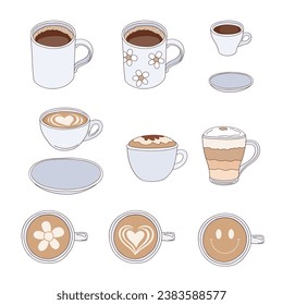 Retro hippie black coffee crema capuccino latte art in cup and glass vector illustration set isolated on white. Groovy coffee print collection.