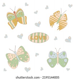 retro hippie butterfly. Retro 70s hippie stickers, psychedelic groovy elements. Cartoon funky flowers, butterfly retro. Grow positive thoughts. butterfly groovy 70s. Boho. Retro 60s Hippie Groovy 1970