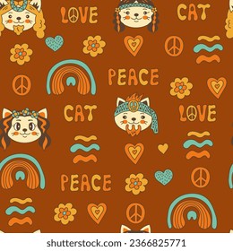 Retro hippie cat seamless pattern. Cute brown pet seamless background in 60s 70s style with cats, rainbow, lettering, text. Repeat vector illustration 