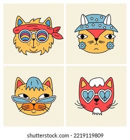 Retro hippie cats in the style of the 60s, 70s. The cover of a vintage music album. Vintage, rave, rock and punk