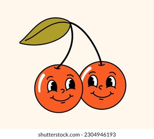 Retro hippie cherry concept. Fruits and berries with faces with emotions. Back in 80s and 90s. Template, layout and mock up. Cartoon flat vector illustration isolated on beige background