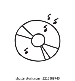 Retro hippie clipart music disc hand drawn. Nice nostalgic vintage. Doodle style. Line art design element. Vector black and white illustration on a white background.