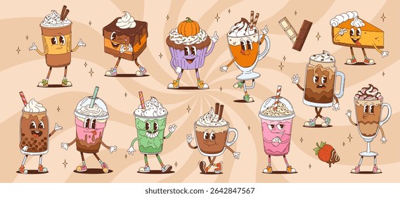 Personagens de sobremesa hippie retro de copos de café de desenho animado e pastelaria. Vetor psicodélico y2k bolo de chocolate, chá e café doces bebidas com creme. Muffin groovy bonito, torta, cappuccino e cupcake