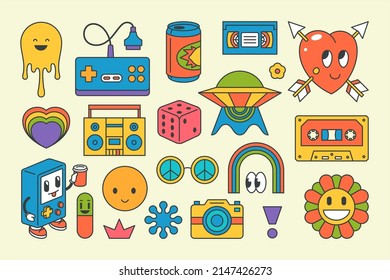 Retro hippie electronic devices graphic elements pop art groovy style contoured decorative design vector cartoon illustration. Vintage chamomile, joystick, record player, photo camera, tape cassette