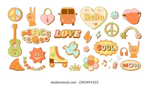 Retro hippie emblem templates. Cute funky hipster stickers, 90s peace and rainbow love signs vector illustration set of psychedelic art 1970s, psychedelic decor