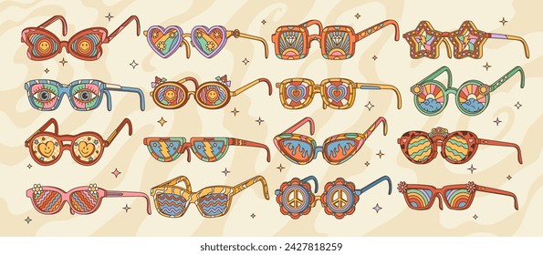 Gafas hippie retro, outfit gafas de sol funky groovy en impresión de caricaturas, decoración vintage vector. Gafas de sol o gafas de sol con adorno colorido de ojos de arco iris, corazones, estrellas y nubes