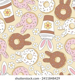 Retro Hippie Floral coffee to go and donut with Easter bunny ears and daisy flowers vector seamless pattern. Happy Easter holiday background.