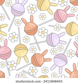 Retro Hippie Floral lollipop with Easter bunny ears and daisy flowers vector seamless pattern. Happy Easter holiday background.