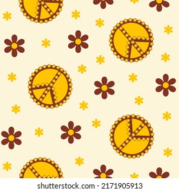 Patrón retro hippie floral sin fisuras con símbolo de paz y flores de margarita en un fondo claro. Ilustración vectorial en estilo 60, 70