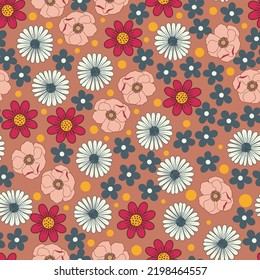 Retro Hippie Florals Vector Seamless Pattern