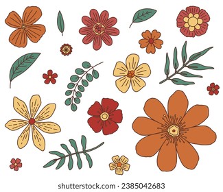 Retro hippie flowers and leaves. Boho flowers in vintage style. 70s 60s nostalgia. Vector illustration