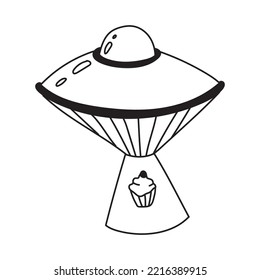 Retro hippie flying saucer hand drawn. Cute nostalgic vintage. Doodle style. Line art design element. Vector black and white illustration isolated on white background. Comic clipart UFO.