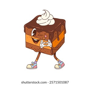 Retro hippie groovy cake dessert character. Pastry shop chocolate cake with whipped cream cartoon isolated vector funny personage, sweet dessert character winking and shoving heart love hand symbol