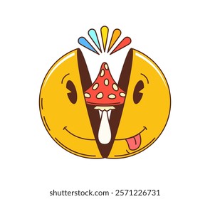 Retro hippie groovy cartoon smile with mushroom amanita, vector funny emoji symbol. Funky groovy psychedelic smile with freaky tongue out and mushroom from head for hippie trippy vibe face emoticon