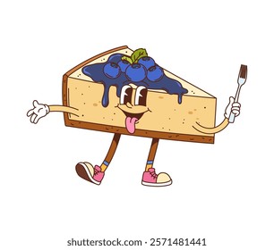 Retro hippie groovy cheesecake dessert character. Restaurant pastry cartoon isolated vector cheerful personage, dessert cheesecake with blueberries or takeaway sweet food groovy character holding fork