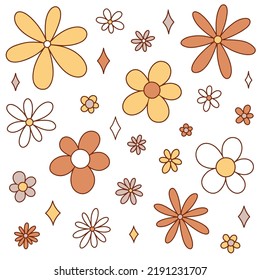 Retro hippie groovy daisies. Vector illustration with 1970 vibes. Boho flowers.Flower power vibes background.