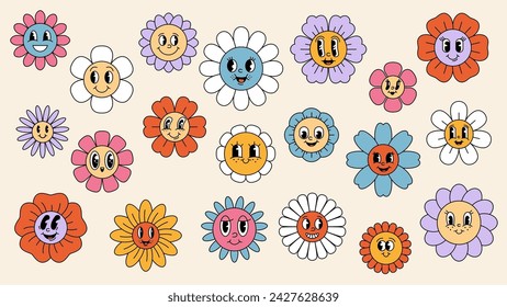 Conjunto de personajes hippie retro de flores de girasol de margarita. Aislado vector lindo feliz flor de manzanilla con sonrisa alegre vibrante, floral que recuerda a los años 70, difundiendo alegría con presencia alegre