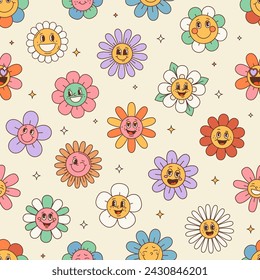 Retro hippie groovy daisy sunflower happy flowers pattern, features vibrant hues, swirling petals, and a whimsical blooms with funny cartoon faces, evoking cheerful vintage vibe and playful nostalgia