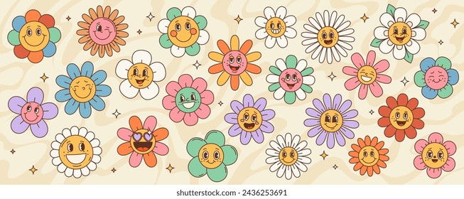 Retro hippie groovy daisy girasol lindo feliz flor personajes con caras vector de fondo. Patrón floral psicodélico de dibujos animados de personajes divertidos de manzanilla con gafas de sol en forma de corazón rosa