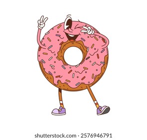 Retro hippie groovy donut dessert character. Frosted donut confectionery vintage cartoon isolated vector cute mascot, glazed doughnut cheerful personage or sweet pastry dessert funny groovy character