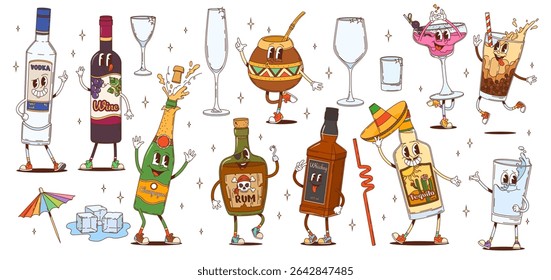 Retro hippie groovy drink and beverage characters with happy bottles and glasses vector personages. Psychedelic groovy vodka, wine, whiskey and rum drinks, funny water, bubble coffee and cocktail