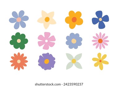 Retro hippie groovy floral set. Colorful hand drawn flowers. Trendy vector illustration.