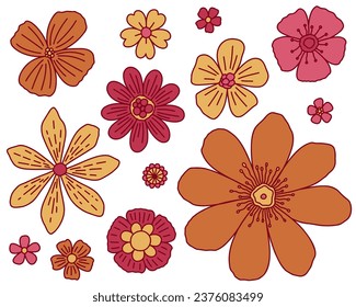 Retro hippie groovy flowers. Boho flowers in vintage style. 70s 60s nostalgia. Vector illustration