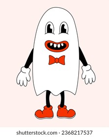 Retro Hippie Groovy Halloween Ghost cute boy. Vector flat.