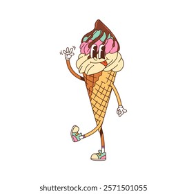 Retro hippie groovy ice cream dessert character. Gelateria vanilla gelato in waffle cone, parlor dessert isolated vector happy personage, ice cream with chocolate topping groovy character waving hand