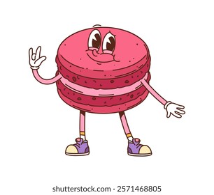 Retro hippie groovy macaroon dessert character. Cafe sweet pink macaroon retro funky isolated vector cute personage, french restaurant dessert meal cartoon mascot or pastry groovy funny character