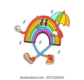 Retro hippie groovy rainbow with umbrella under rain, vector cartoon character. Groovy rainbow with happy face and whistling melody walking under rain with umbrella for psychedelic hippie character