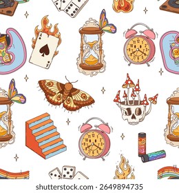 Retro hippie groovy seamless pattern. Vector psychedelic mystical tile background featuring surreal and vintage elements like burning playing cards, hourglasses with butterflies, alarm clocks, skulls