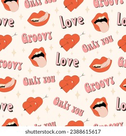 Retro Hippie Groovy Valentines Day seamless pattern.Y2k aesthetic.	