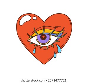 Retro hippie heart with eye groovy symbol. Romantic love cartoon isolated vector icon. Heart with woman crying with tears eye groovy symbol. Saint Valentine day romance vintage icon