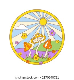 Retro hippie illustration with cute groovy flowers, sunbeam and mushrooms  isolated on a white background. Trendy vector graphic design in style 70s, 80s.