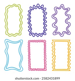 Retro Hippie Line Wave Frame Set. Geometry Abstract Border Collection. Vector Funky Illustration