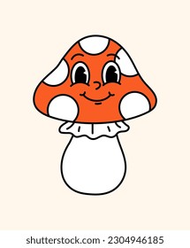 Retro hippie mushroom concept. Plant with faces, botany and floristry. Positive and optimism, back to 80s. Template and mock up. Cartoon flat vector illustration isolated on beige background