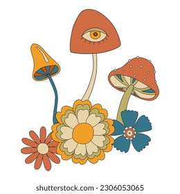 Hongos y flores hippie retro en los años 70. Retro 70's psicodélico groovy champiñón. Ilustraciones de boho vintage. Ilustración vectorial aislada en un fondo blanco.