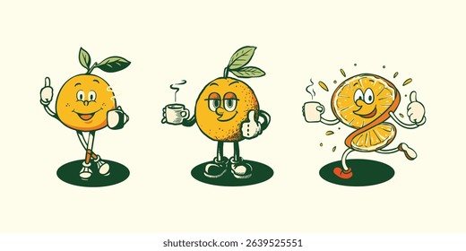 Retro hippie orange fruit mascot cartoon characters, doodle groovy funky summer juice drink 70s 80s style. Vector cartoon flat illustration