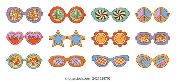 Retro hippie outfit groovy sunglasses and funky eyewear with ornament, cartoon vector. Hippie retro art or vintage groovie eyeglasses with hearts and flowers, funky hypnotic eyes and peace signs