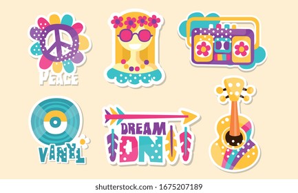 Retro Hippie Patches and Emblems Collection, Cute Colorful Bright Stickers Vector Illustration