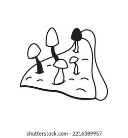 Retro hippie pizza with mushrooms hand drawn. Nice nostalgic vintage. Doodle style. Line art design element. Vector black and white illustration isolated on white background. Comic clipart.
